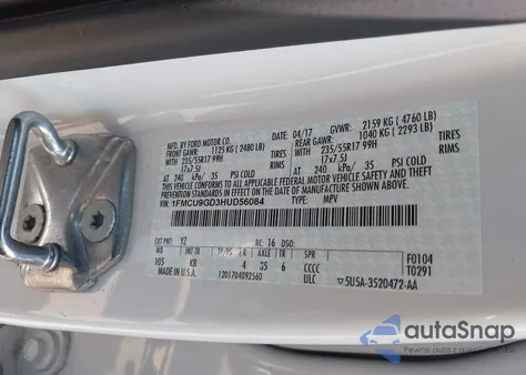 2017 Ford Escape Se z USA, uszkodzony, nr VIN 1FMCU9GD3HUD56084